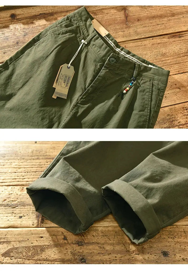 HIQOR men's olive green cotton cargo pants with rolled cuffs and tag