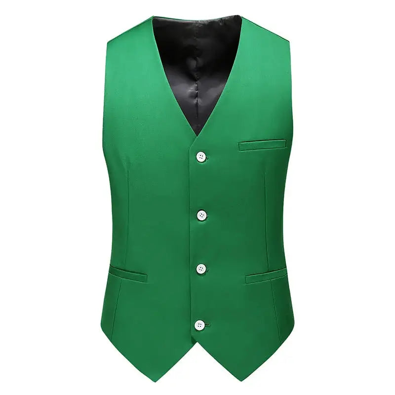 Green men's waistcoat; slim-fit V-neck vest with white buttons and multiple pockets