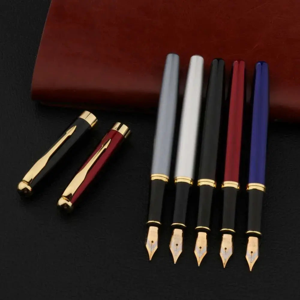 Six metal 388 fountain pens with gold nibs in gray, white, black, red, burgundy, and blue