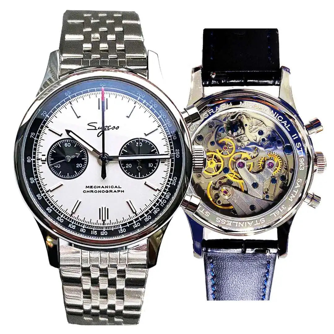 Limited Edition ST19 panda-dial mechanical chronograph watch; stainless steel bracelet and skeleton back view.