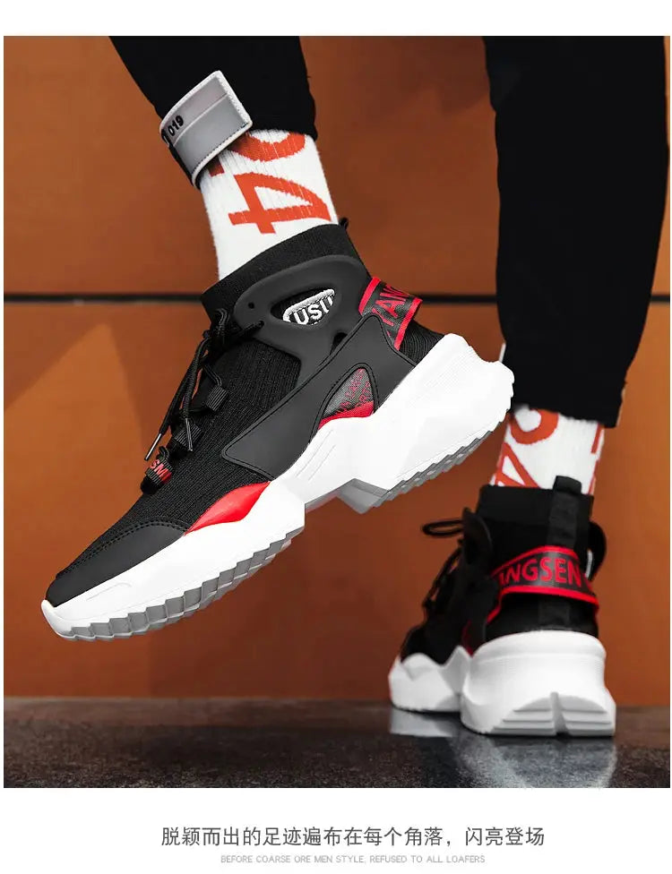Men's black high-top breathable sneakers with red accents and chunky white sole