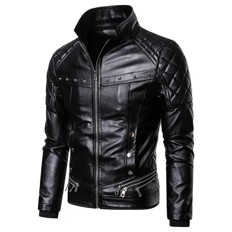 Men's black leather motorcycle jacket with quilted shoulder panels and silver zippers