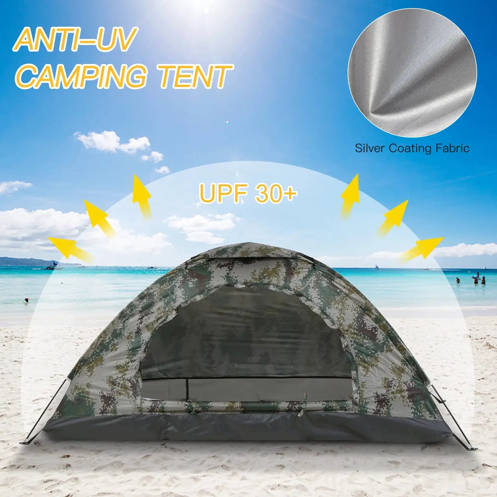 Tomshoo 1/2 Person ultralight camping tent, camouflage single-layer with anti-UV coating UPF 30+ on a beach
