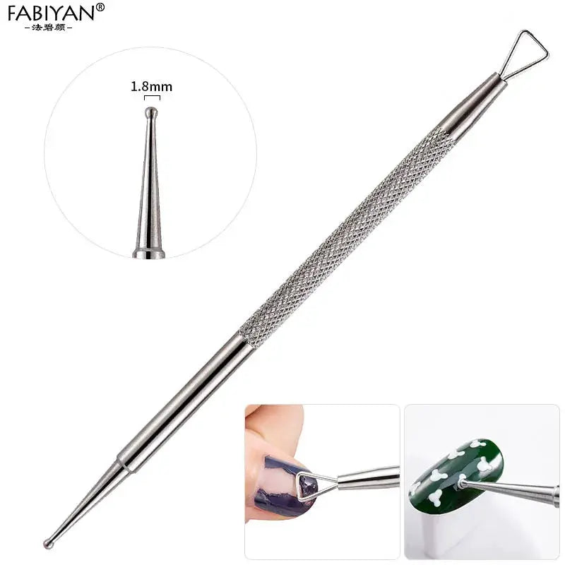 FABIYAN stainless steel manicure pen with knurled grip, cuticle pusher and precision dotting tool