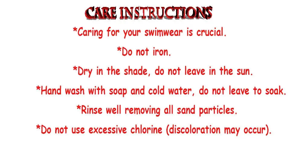 Bikini set care instructions for Simples Market ZTVitality: do not iron; hand wash; air dry; rinse sand; avoid chlorine.