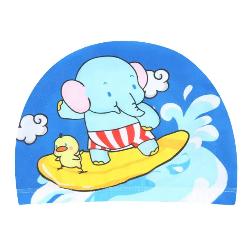 Kids Cartoon Swim Cap Elastic Fabric Pool Water Sports Ears Protection Hat Bathing Cap Boys Girls