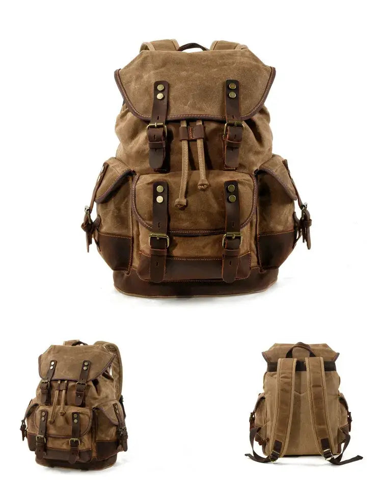 Vintage canvas backpack for men with brown leather straps and buckles, large travel rucksack
