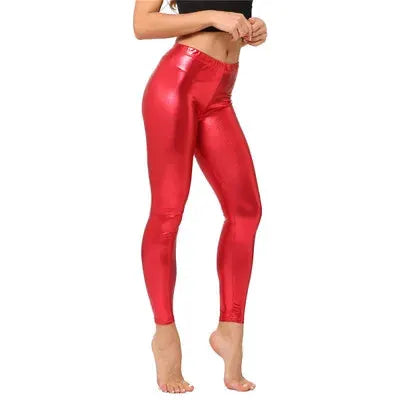 Ladies red metallic shiny leather leggings for women, candy color finish