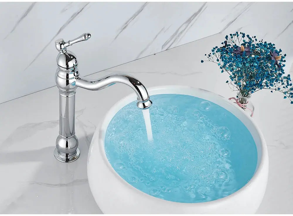 Simples Market chrome deck-mounted vessel sink faucet for bathroom with curved spout and 1-hole installation