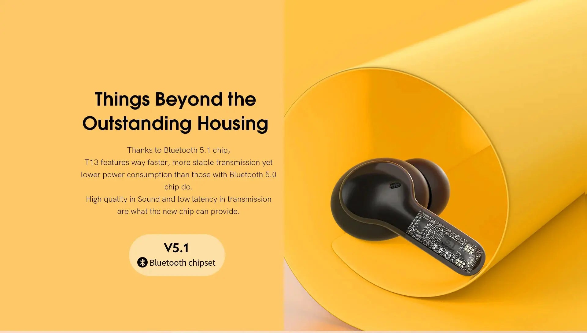 QCY T13 wireless Bluetooth earbud on a yellow backdrop; black TWS earpiece with visible circuitry.