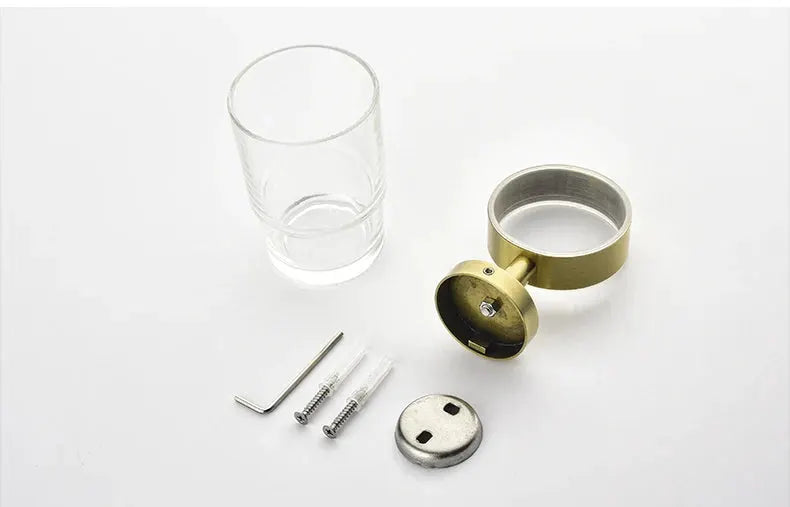 Simples Market brushed gold bathroom hardware set with wall-mount ring, glass tumbler, screws and Allen key