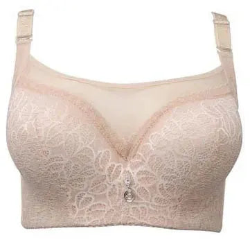 Women's nude full-lace bra with floral lace cups, adjustable straps, and small center jewel.
