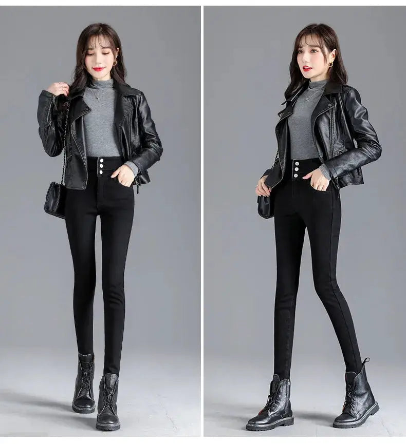 Thermal Winter Thick Fleece High Waist Stretch Skinny Jeans For Women