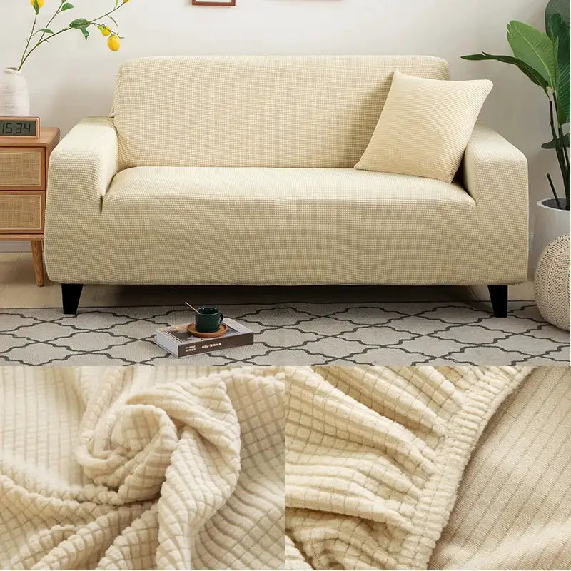 Thick beige sofa protector in jacquard textured fabric for living room sofa.