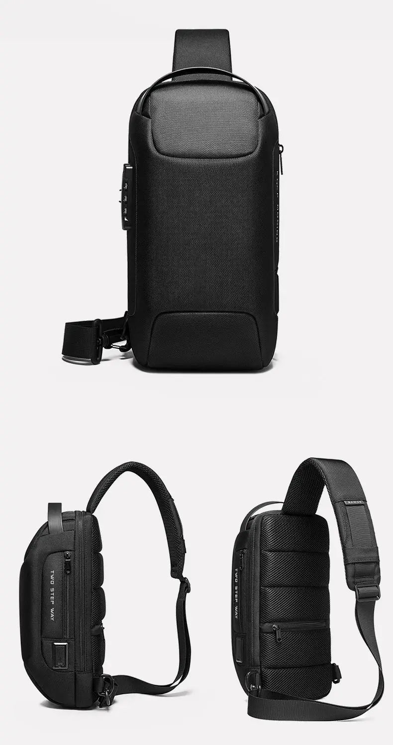 BANGE black chest bag crossbody travel sling, waterproof with USB charging
