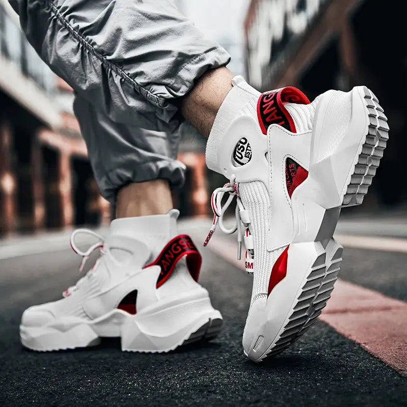 Pair of men's white high-top sneakers with red accents, breathable sport shoes