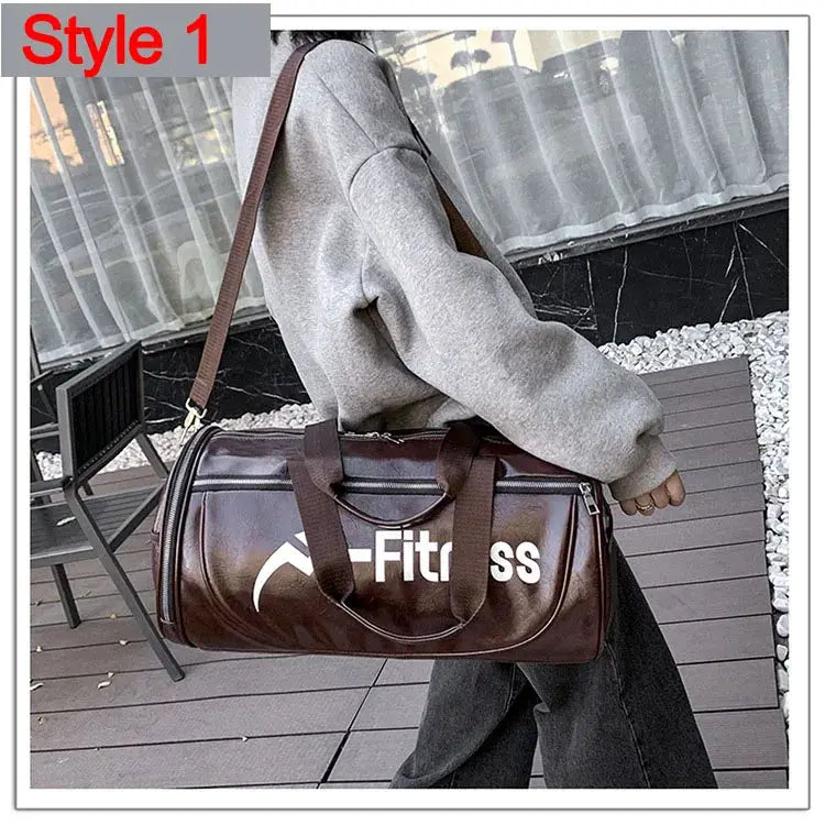 Sport gym bag in brown leather with a shoes storage pocket, waterproof travel duffel.