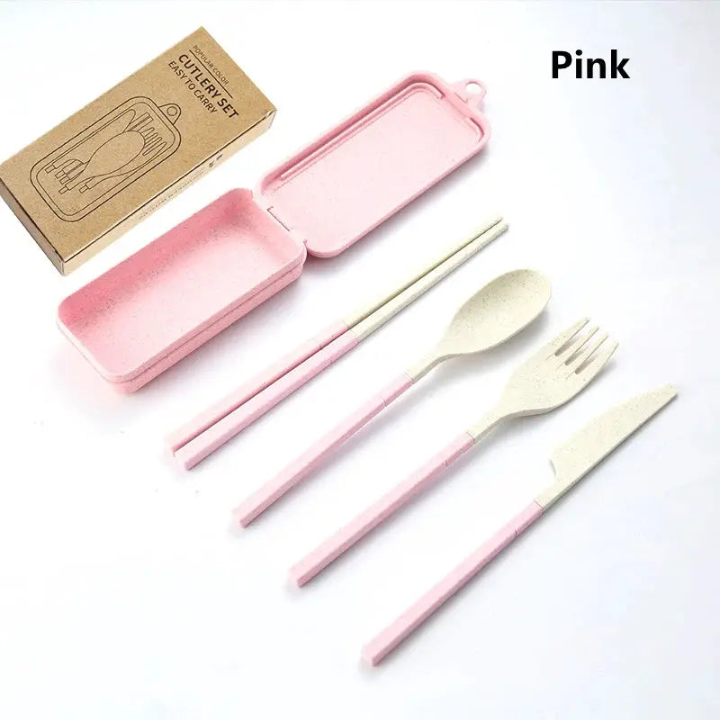 4Pcs Portable Tableware Set Wheat Straw Detachable Cutlery For Travel Picnic Camping Dinnerware Lightweight Durable