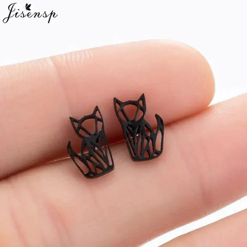 Stainless steel stud earrings, black; two-piece set with intricate animal-cutout designs for women