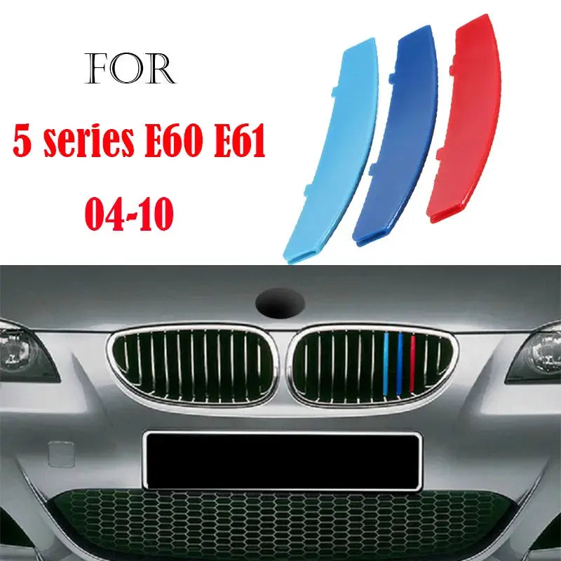 3-piece front grille trim strips for BMW by Simples Market, blue, light blue and red, fits 5 Series E60/E61 2004-2010