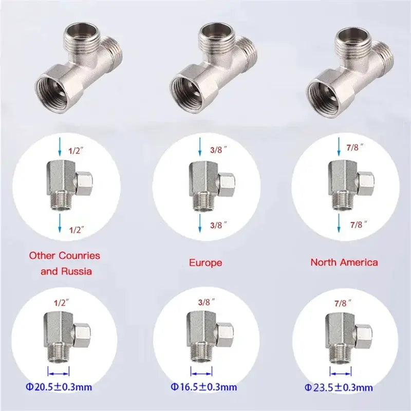 SAMODRA bidet valve adapters kit with three chrome T-valves and regional thread-size diagrams.