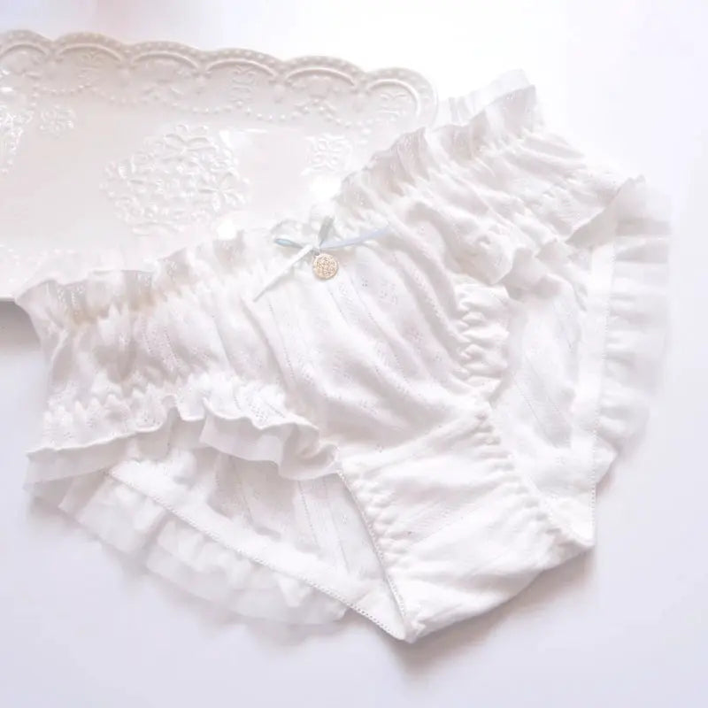 Cotton ruffle panties, white with a blue bow, breathable and high-elasticity, Simples Market