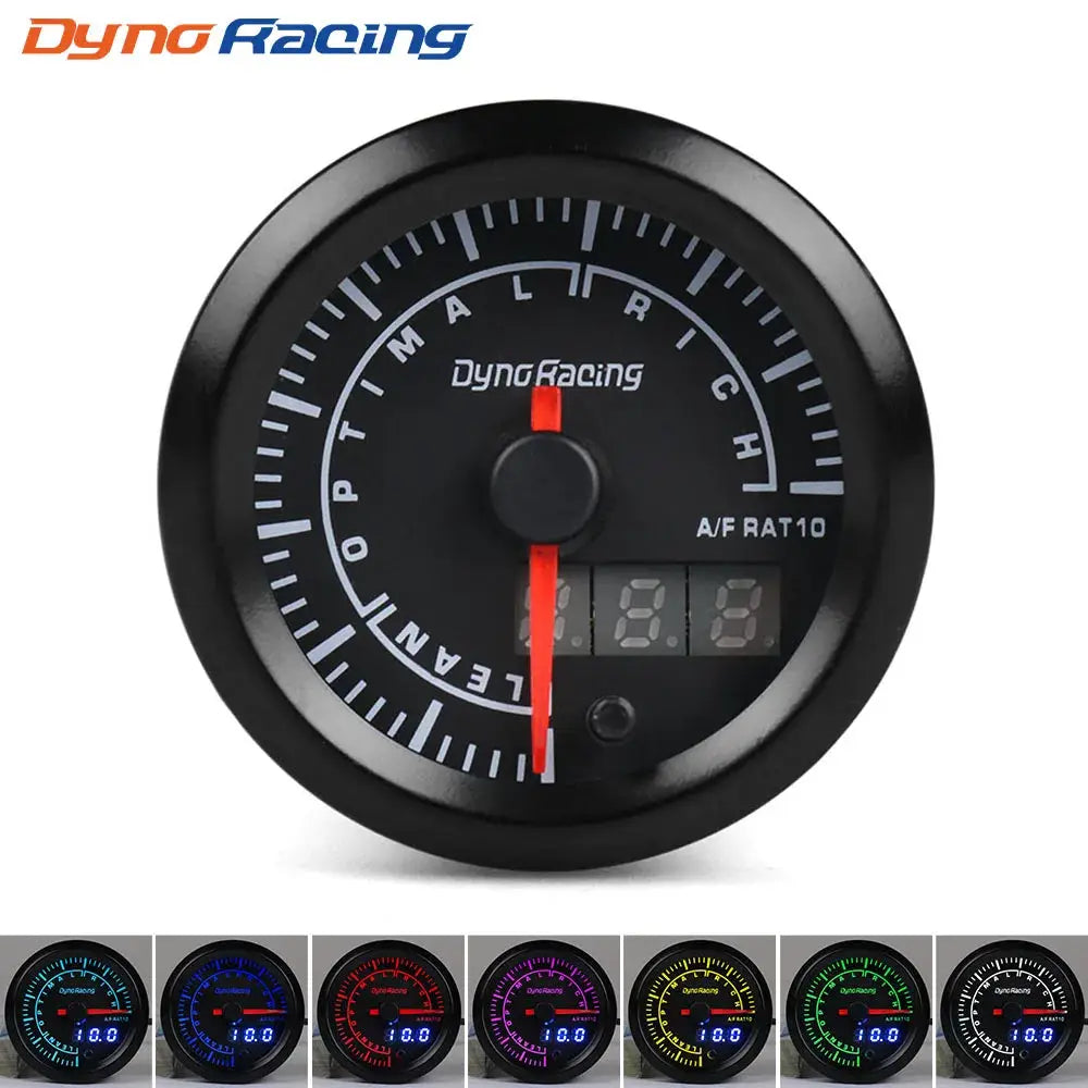 DynRacing 52mm LED dual-display car gauge with 7 colors; reads boost, oil temp, oil pressure, voltmeter, AFR, EGT, tach.