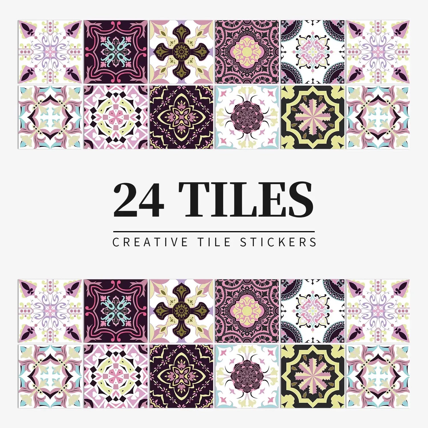24 tile stickers set in light colors by Simples Market; waterproof self-adhesive wall decals for kitchen and bathroom.