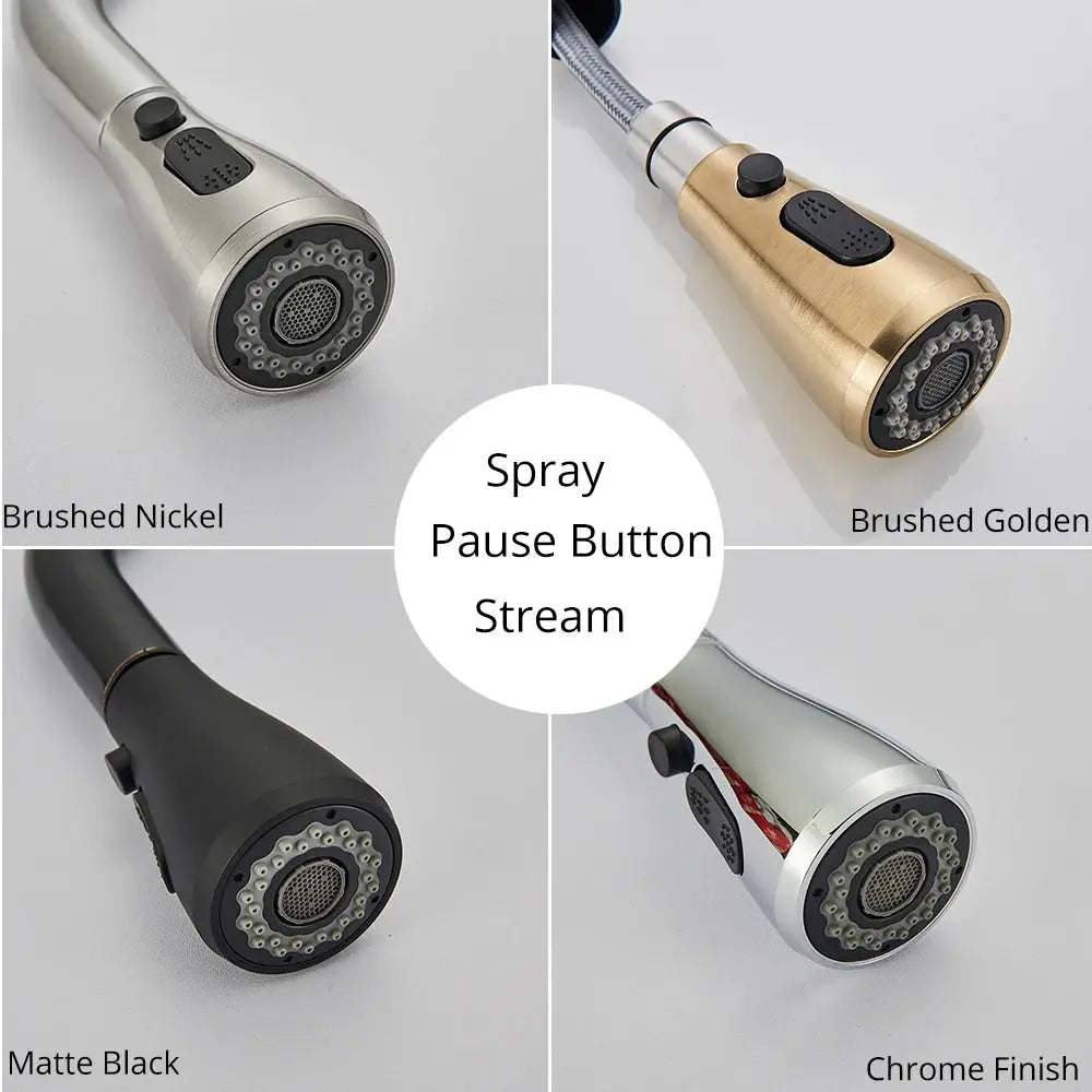 Kitchen faucet head in 4 finishes: brushed nickel, brushed gold, matte black, chrome; pull-out spray with pause button.