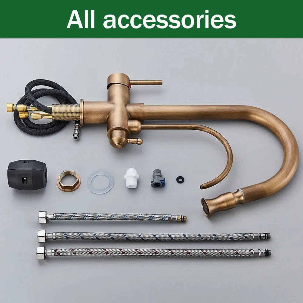 Rozin 2-in-1 antique brass pull-out kitchen faucet kit with filter-ready lines and hardware