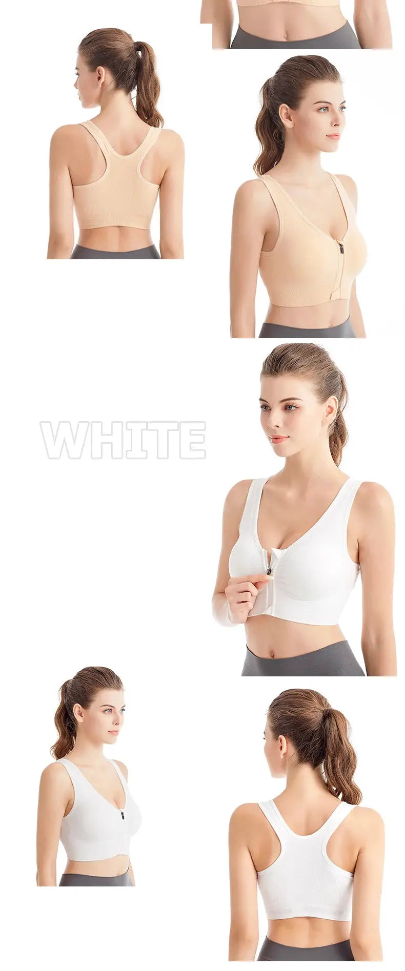 Simples Market Women's Front Zipper Sports Bra; seamless, breathable, no underwire, beige and white.