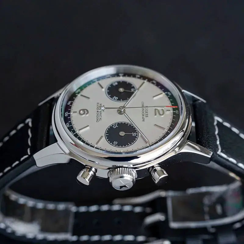 Sugess 1963 Pilot watch with panda chronograph dial, stainless steel case, black leather strap