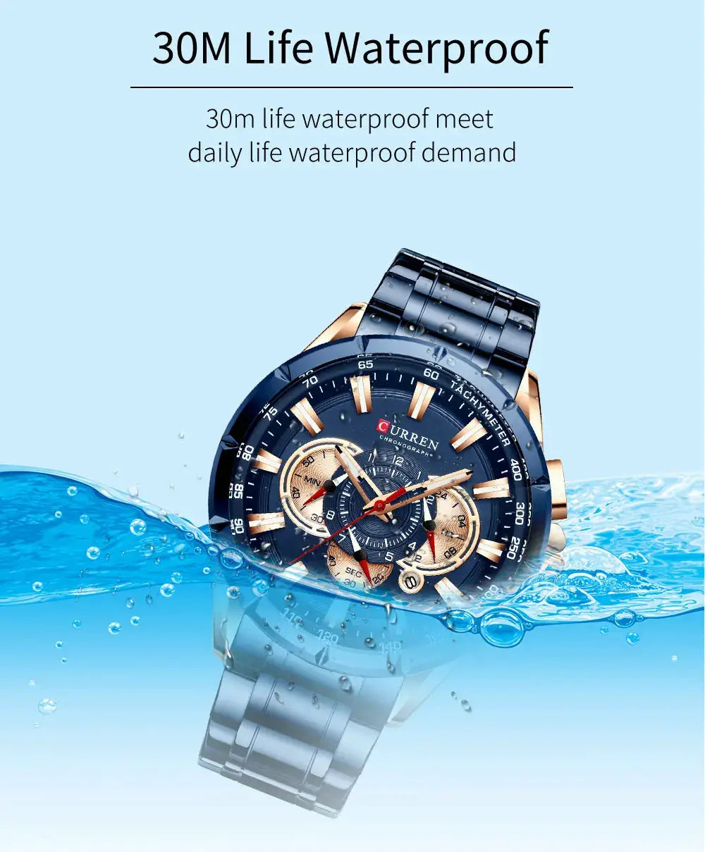 Men's CURREN chronograph watch with blue dial and stainless steel band, luminous hands, 30M water resistant