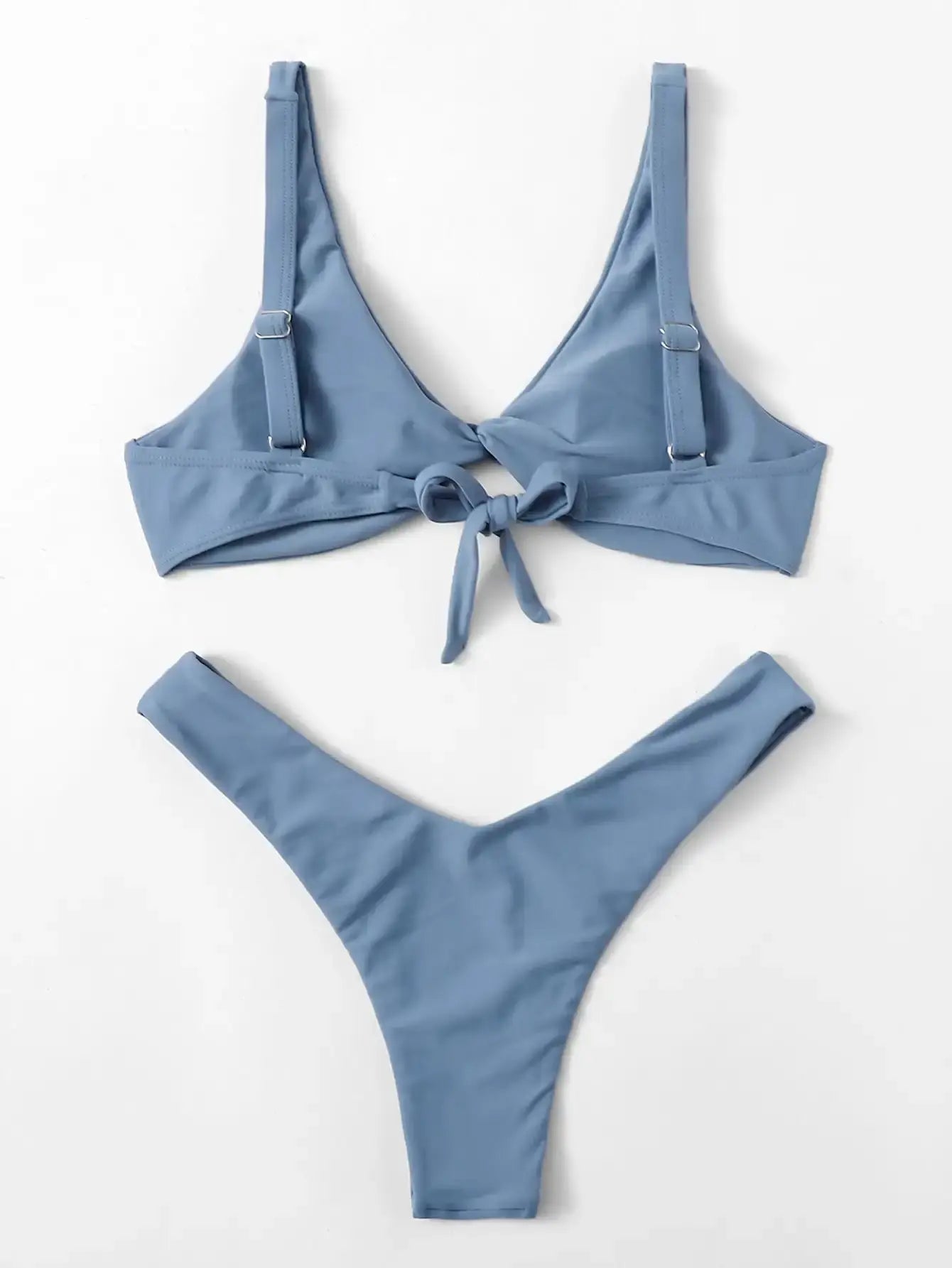 Blue solid bikini set by Simples Market with knotted-front top and high-leg bottom, adjustable straps