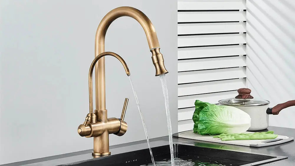 Rozin 2-in-1 antique brass kitchen faucet with pull-out nozzle and 2-way swivel by Simples Market