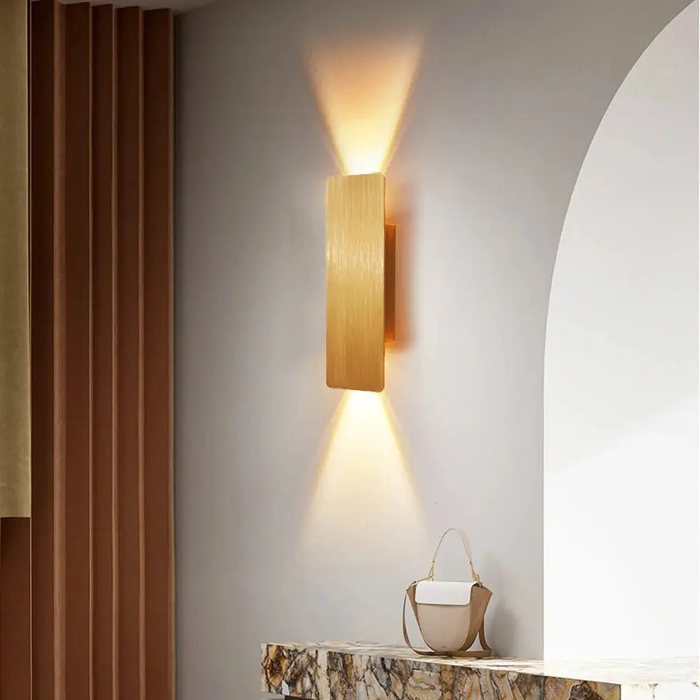 Modern LED indoor wall lamp with wooden finish, warm up/down lighting for bedroom or living room.
