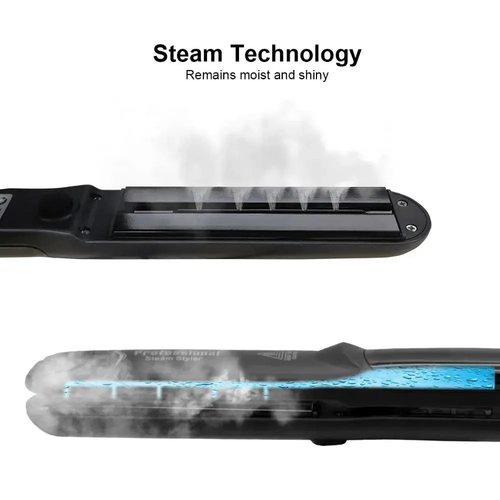 Simples Market steam hair straightener, ceramic vapor flat iron with blue water chamber, black professional styling tool