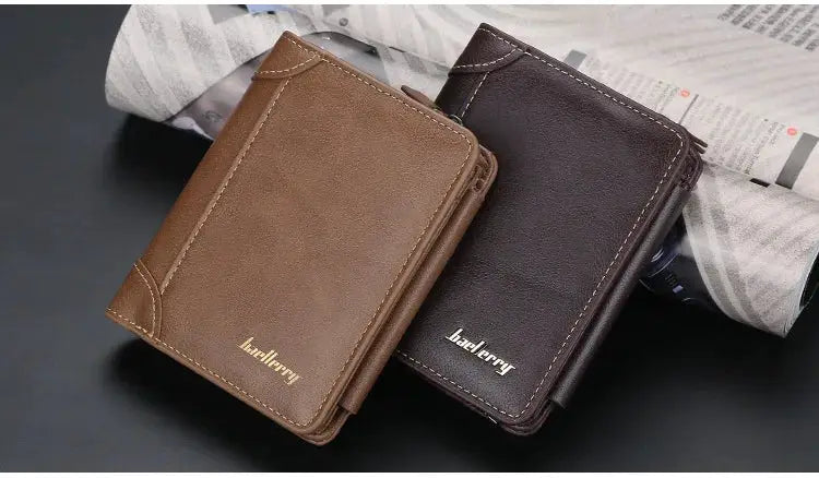 Pair of brown and dark brown PU leather men wallets with zipper, card holder, badberry branding