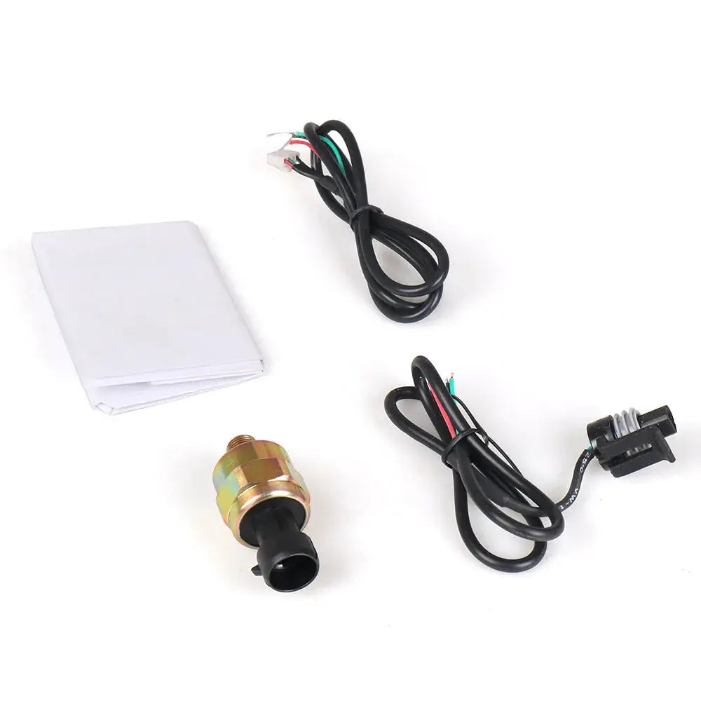 Dynoracing 52mm LED 7-color gauge kit with boost, temp, pressure, voltmeter, AFR/EGT, tach; includes sensor.