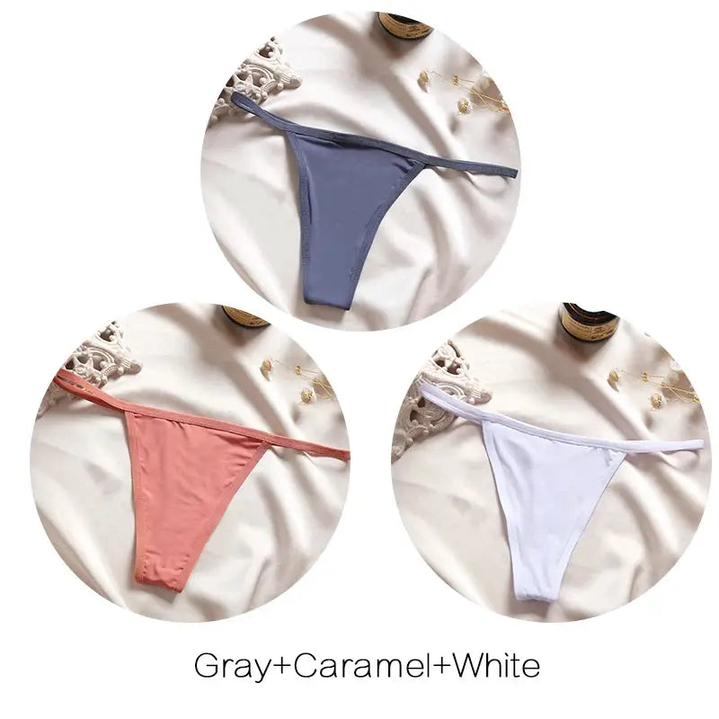 FINETOO 3-piece low-rise thong set in gray, caramel, and white
