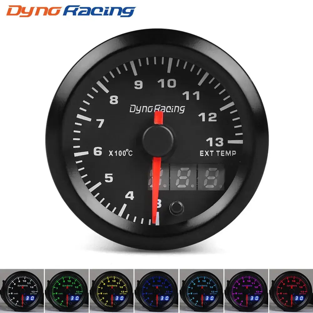 DynoRacing 52mm LED dual-display car gauge with black dial, red needle, and digital readout