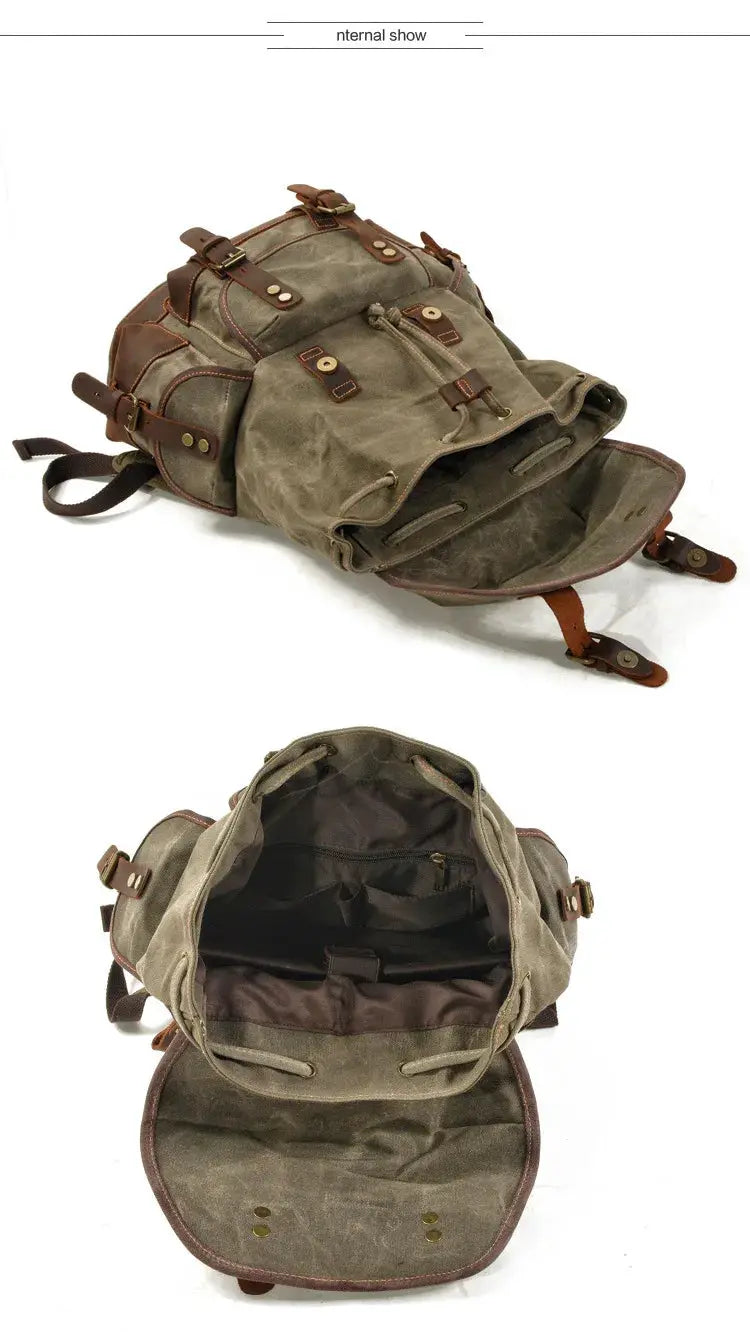 Vintage canvas backpack with brown leather straps in olive waxed fabric, large mountaineering travel pack