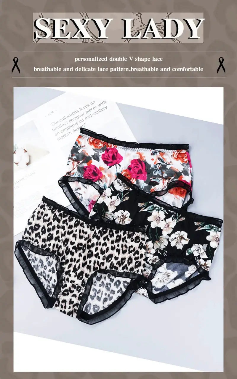 Panties set by Simples Market: big-size mid-waist underwear, 3-pack with floral lace and leopard prints