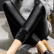 Leggings black shiny fleece-lined high-waisted with velvet cuff detail for winter casual wear