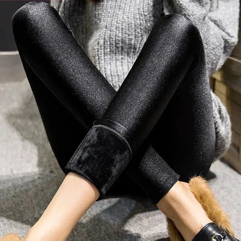 Leggings black shiny fleece-lined high-waisted with velvet cuff detail for winter casual wear