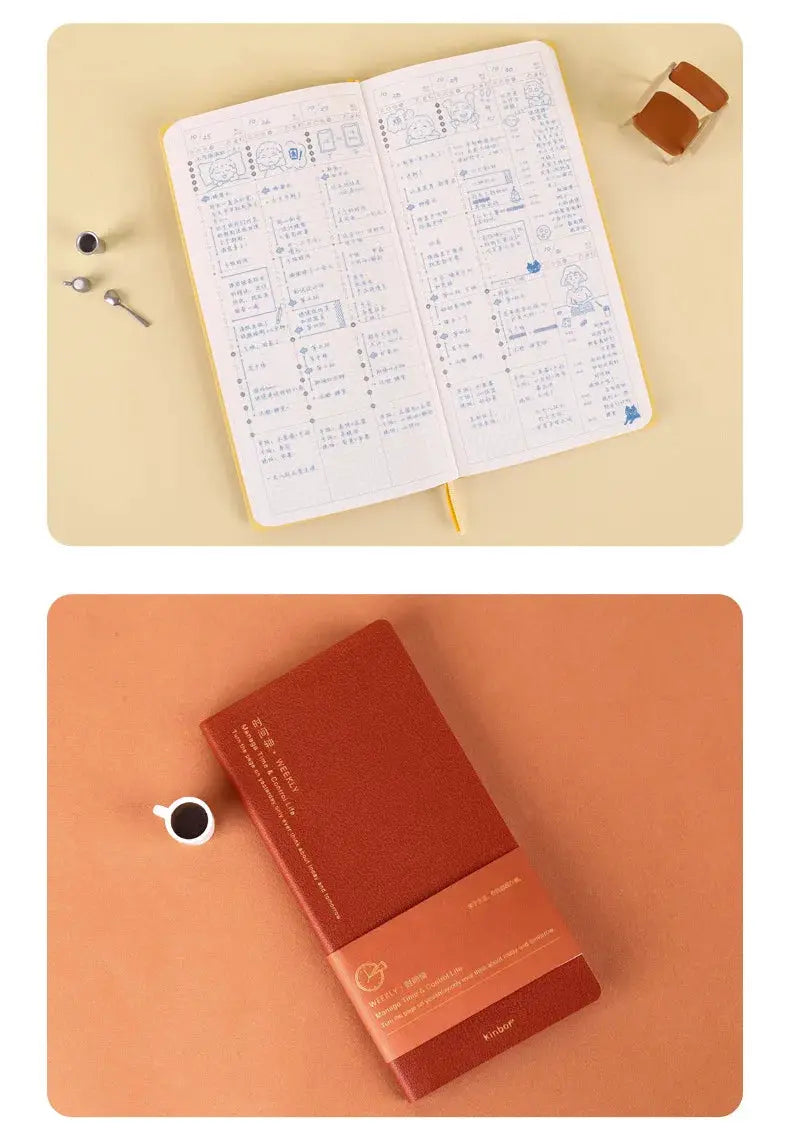 Kinbor weekly planner notebooks; two planners shown, one open with yellow cover and one closed red-brown with band