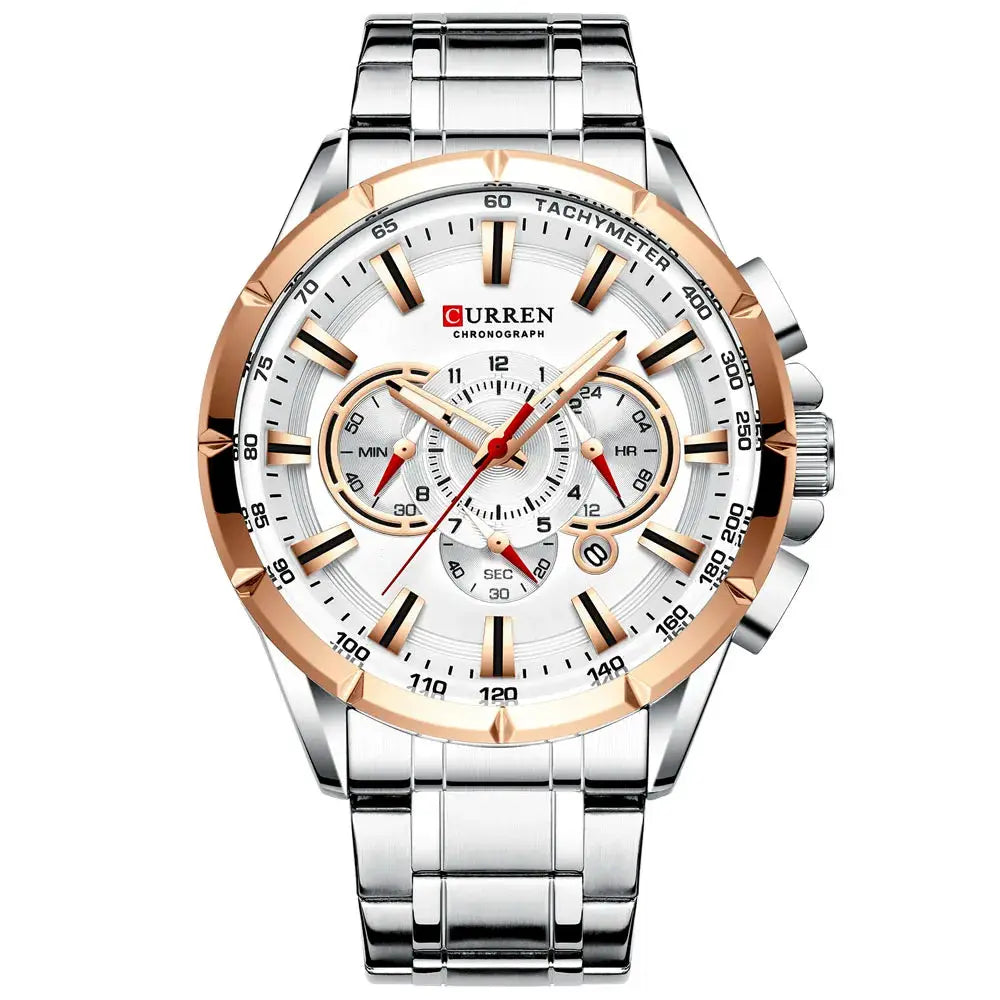 Curren chronograph men's watch with stainless steel band, rose gold bezel, white dial and luminous hands