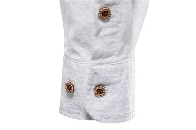 Men's white cotton long-sleeve shirt with brown buttons, casual style