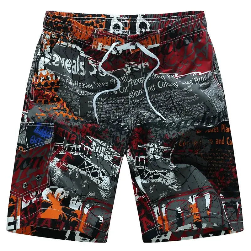 Men's surf board shorts with multicolor graphic print in black, orange, white and red
