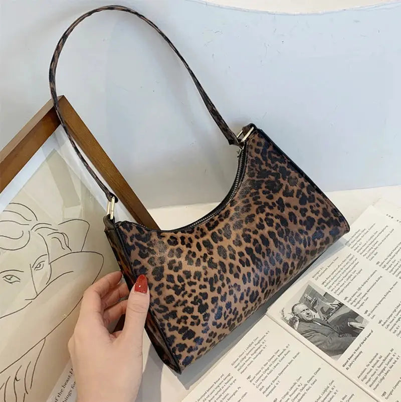 Leopard print PU leather shoulder bag for women by Simples Market with brown strap.